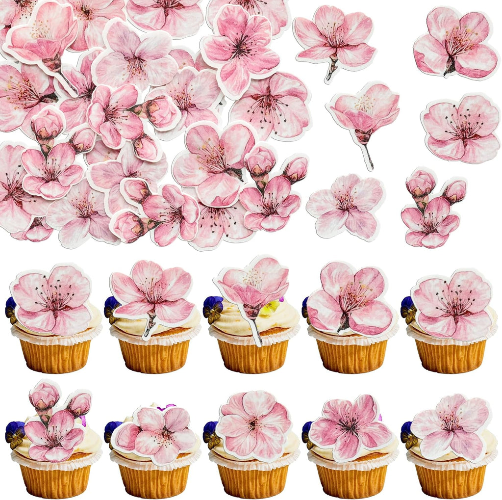 Ephlyn 50Pcs Edible Flowers Cake Topper Cupcake Toppers Wedding Themed Party Baby Shower Birthday Party Cupcake Picks Anniversary Party Decorations Supplies Pink
