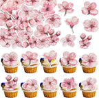 Ephlyn 50Pcs Edible Flowers Cake Topper Cupcake Toppers Wedding Themed Party Baby Shower Birthday Party Cupcake Picks Anniversary Party Decorations Supplies Pink