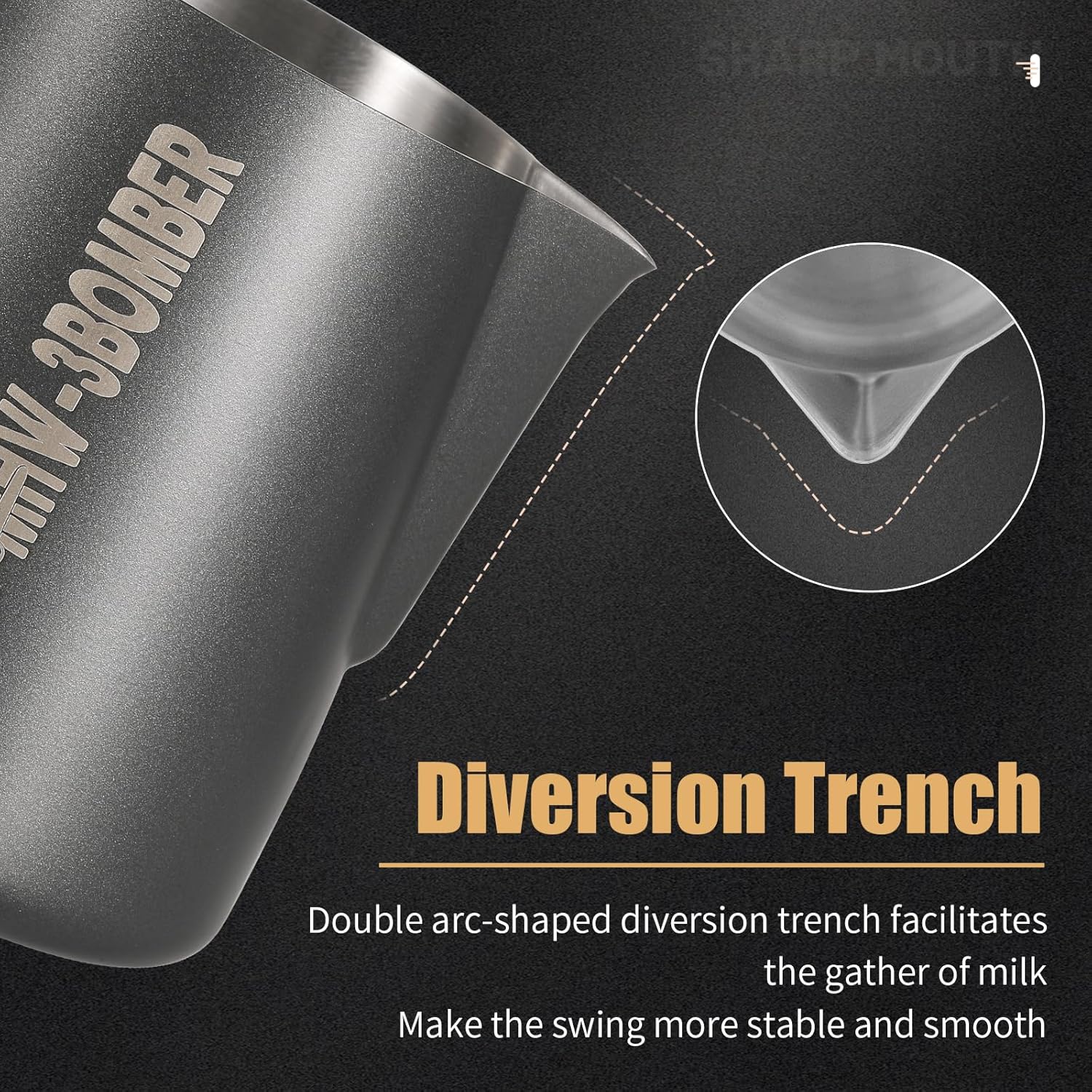 MHW-3BOMBER Milk Frothing Pitcher, 16oz/450ml Milk Frother Cup for Barista, SUS304 Stainless Steel Espresso Steaming Pitchers for Milk/Coffee/Latte Art, Matte Black, P3025B-OS