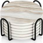 VEYRO Coasters Set of 6 for Drinks – Absorbent Ceramic Stone Drink Coasters with Cork Backing for Coffee Table & Desk, Modern Marble Look Cup Coaster Set, Housewarming Gift for New Home