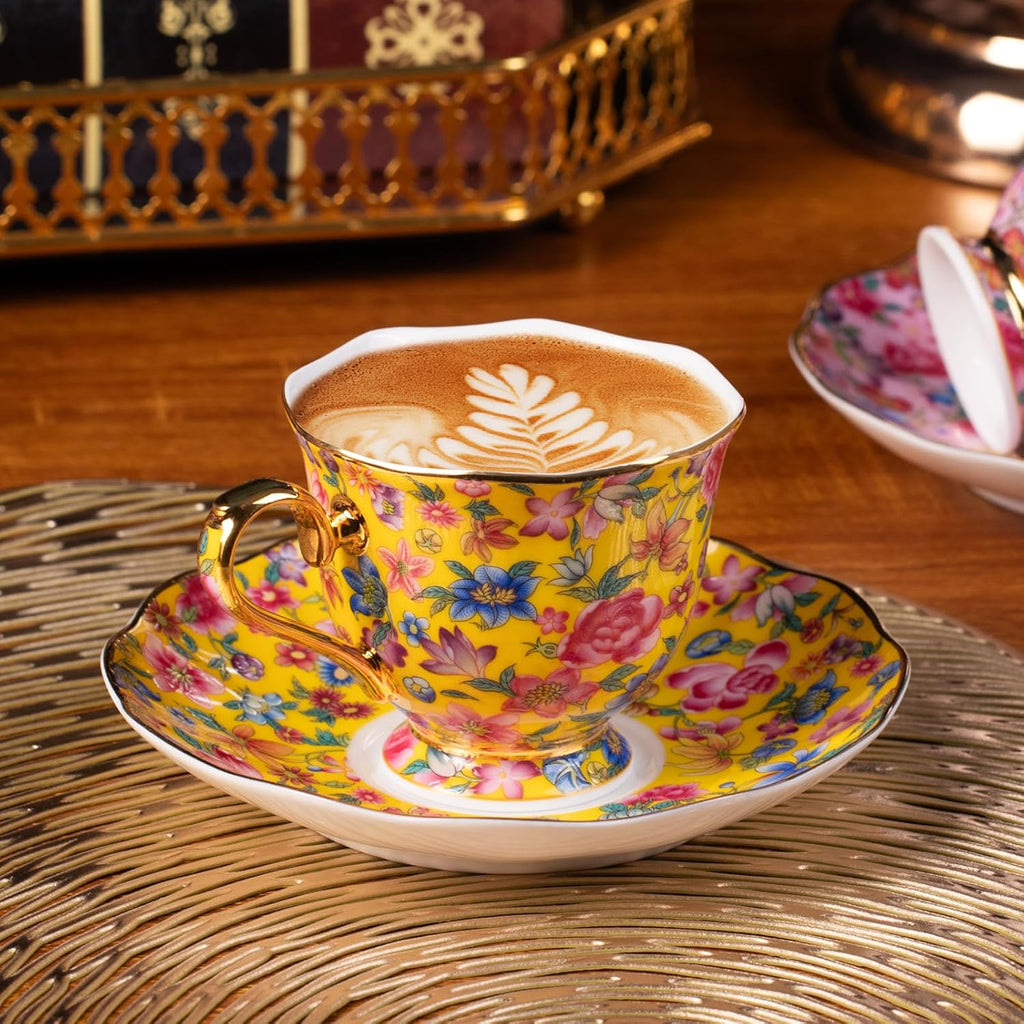 KAMMAK Tea Cups and Saucers Set of 2, Porcelain Coffee Cups with Saucer for Espresso, Cappuccino, 6.3oz Vintage Pink and Yellow Ceramic Demitasse Mug for Home, Tea Party, Office