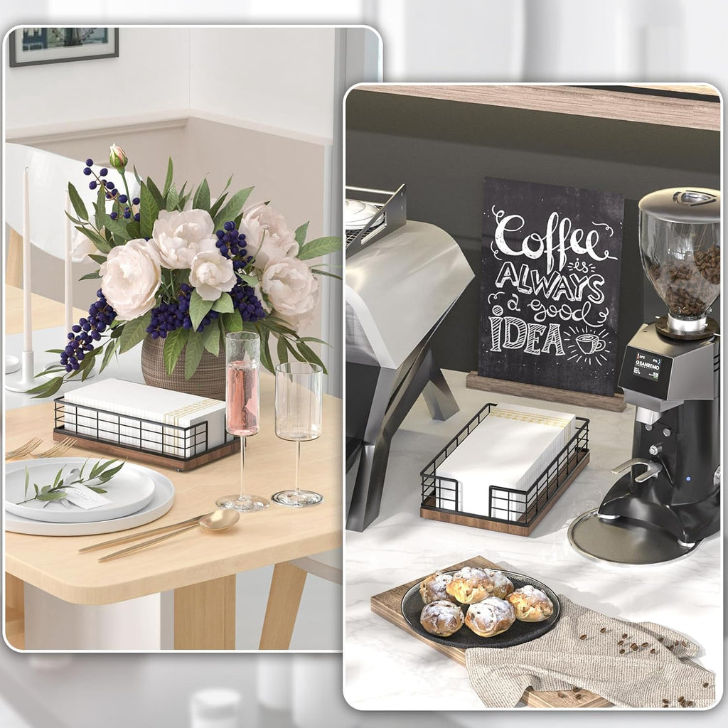 Wican Guest Towel Holder Tray for Bathroom, Oak and Iron Napkins Holder for Powder Room Dinning Table Wooden Basket for Disposable Paper Hand Towels Black & Walnut