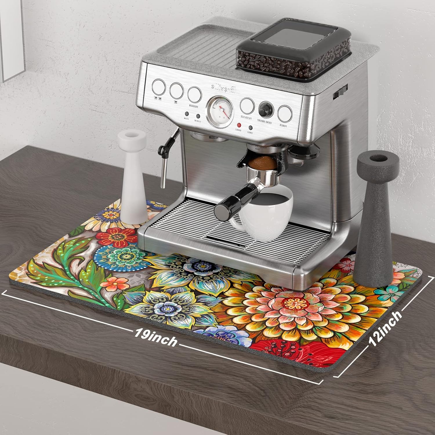 Rnivvi Coffee Mat, 12" x 19" Cute Flower Theme Coffee Bar Mats for Espresso Machine Station Accessories and Organizer, Hide Stain Rubber Backed Absorbent Dish Drying Pad for Kitchen Counter, Mandala