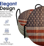 USA American Flag United States Round Coasters Set of 6 - Abosrbent Ceramic with Metal Stand for Drinks, Coffee, Non-Slip Cork Back for Tabletop Protection, 4 Inches (Wood)