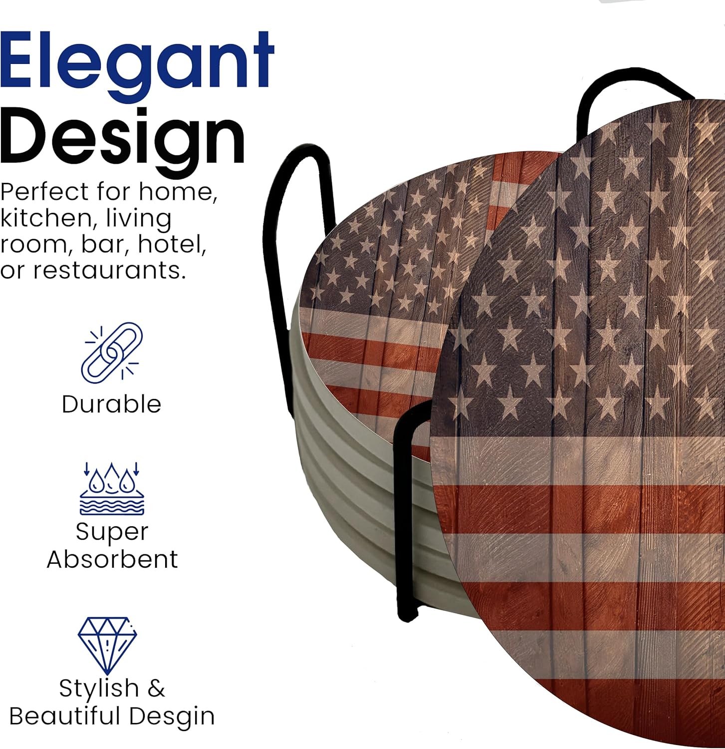 USA American Flag United States Round Coasters Set of 6 - Abosrbent Ceramic with Metal Stand for Drinks, Coffee, Non-Slip Cork Back for Tabletop Protection, 4 Inches (Wood)