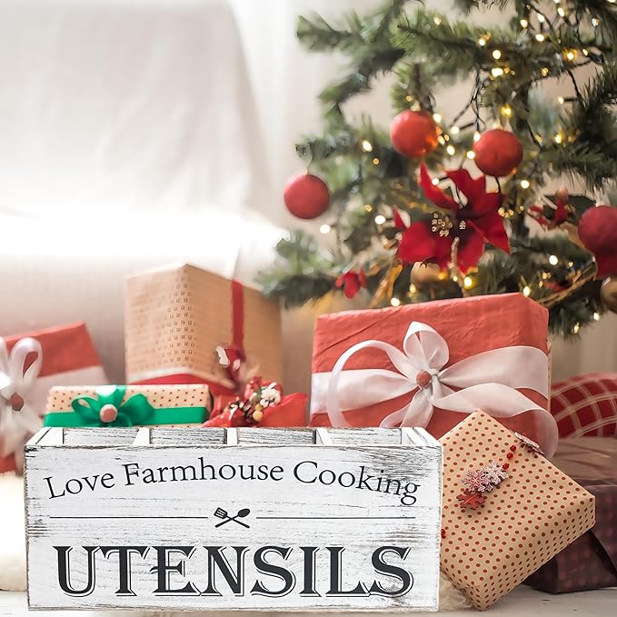 Kitchen Utensil Holder,Farmhouse Wooden Utensil Holder For Kitchen Counter,Extra Large Cooking Spatula Organizer,Big Storage With 4 Compartments Flatware Spoon Tool Cutlery（Retro White）