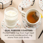 Absorbent Coaster Set of 6 with Holder, Drink Coasters for Coffee Table, Kitchen, Home Decor, Cute Ceramic Round Coasters, Alternative to Silicone, Cork or Glass Coaster (Marble with Black Holder)