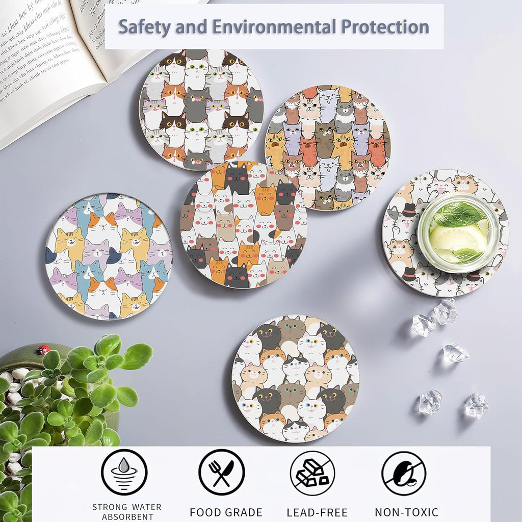 Drink Coasters Set of 6 with Holder, Cute Cats Absorbent Ceramic Coasters with Cork Base,Fit All Cups,Great Gift for Housewarming,Room Decor,Bar,Holiday Party