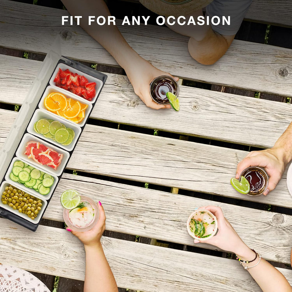 Cocktailor 6 Tray Bar Top Food & Garnish Station with Lid - Condiment Dispender for Bartending, Taco Bar, Ice Cream, Fruit, Salad Bar - Topping Organizer for Restaurant Supplies & Accessories