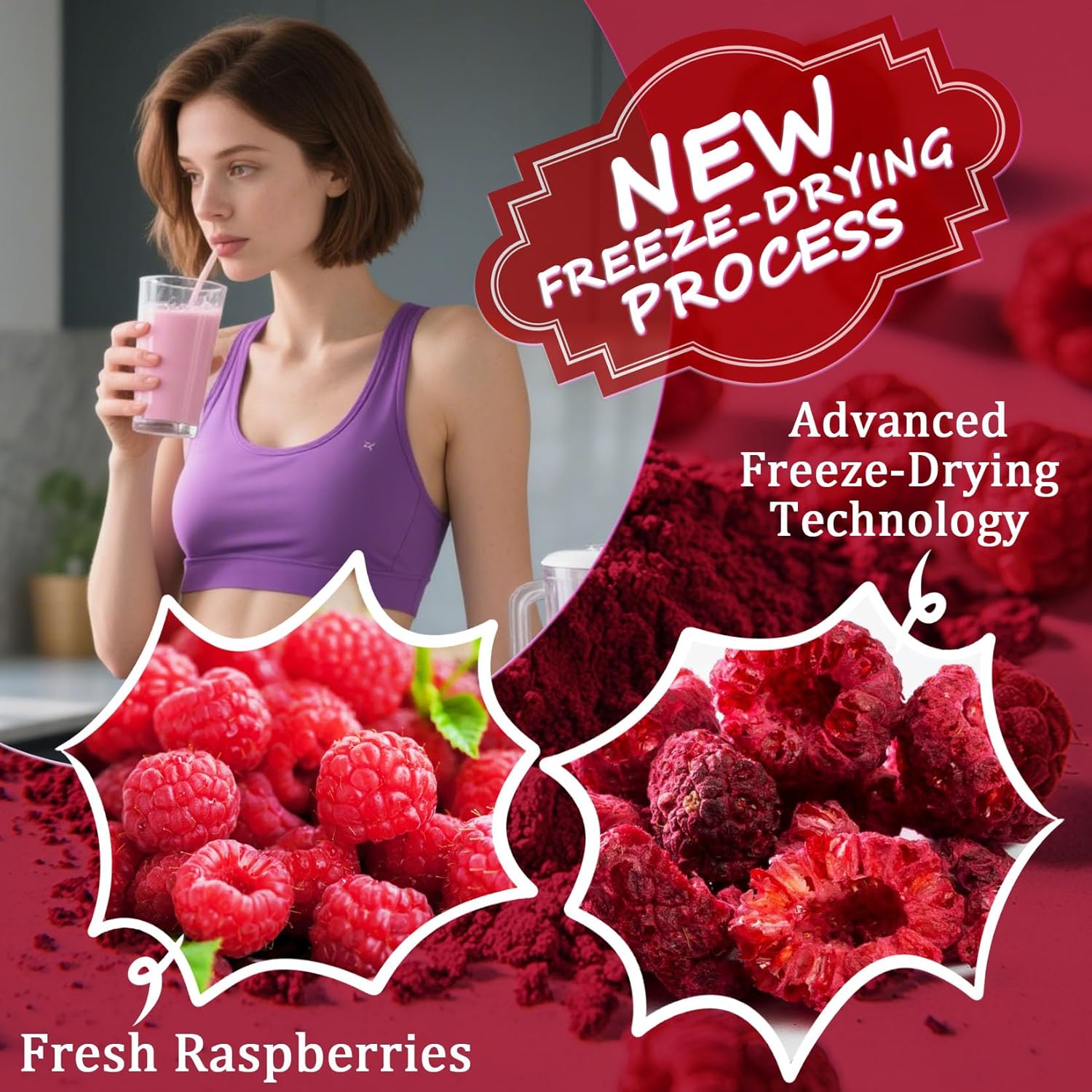 Raspberry Powder - 100% Natural Freeze Dried Raspberry Powder, No Additive Natural Food Coloring, Ideal for Baking, Smoothies, Beverages, Yogurt Bowls, Non-GMO, Vegan - 3oz