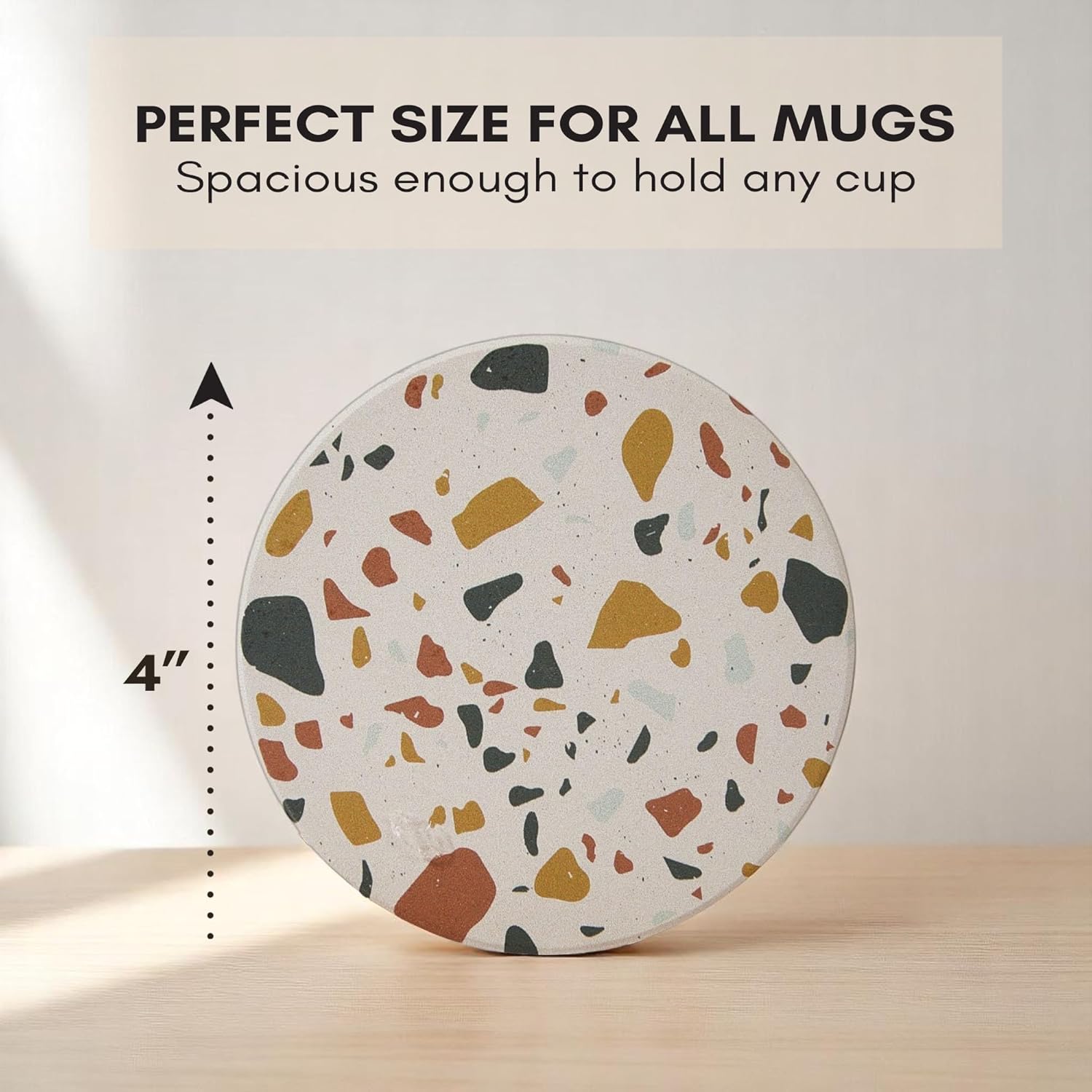 Terrazzo Drink Absorbent Coasters with Holder Set of 6, Ceramic Coaster for Drinks, Coffee Table Decor, Water Absorbing Stone Coaster for Drinks (Sunset)