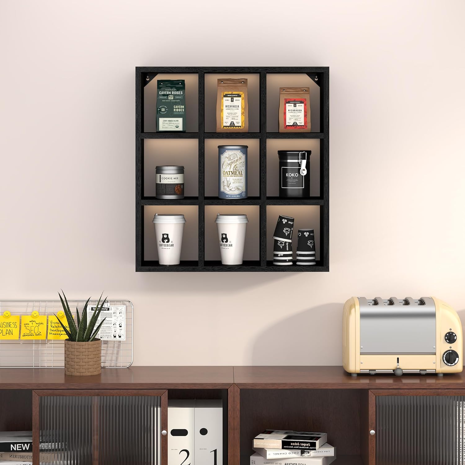 Helsin 9 Grid Vintage Coffee Mug Display Rack, 16inch Wall Mounted Wooden Curio Shadow Box Shelf, Cup Floating Shelves Display and Organizer (Black)