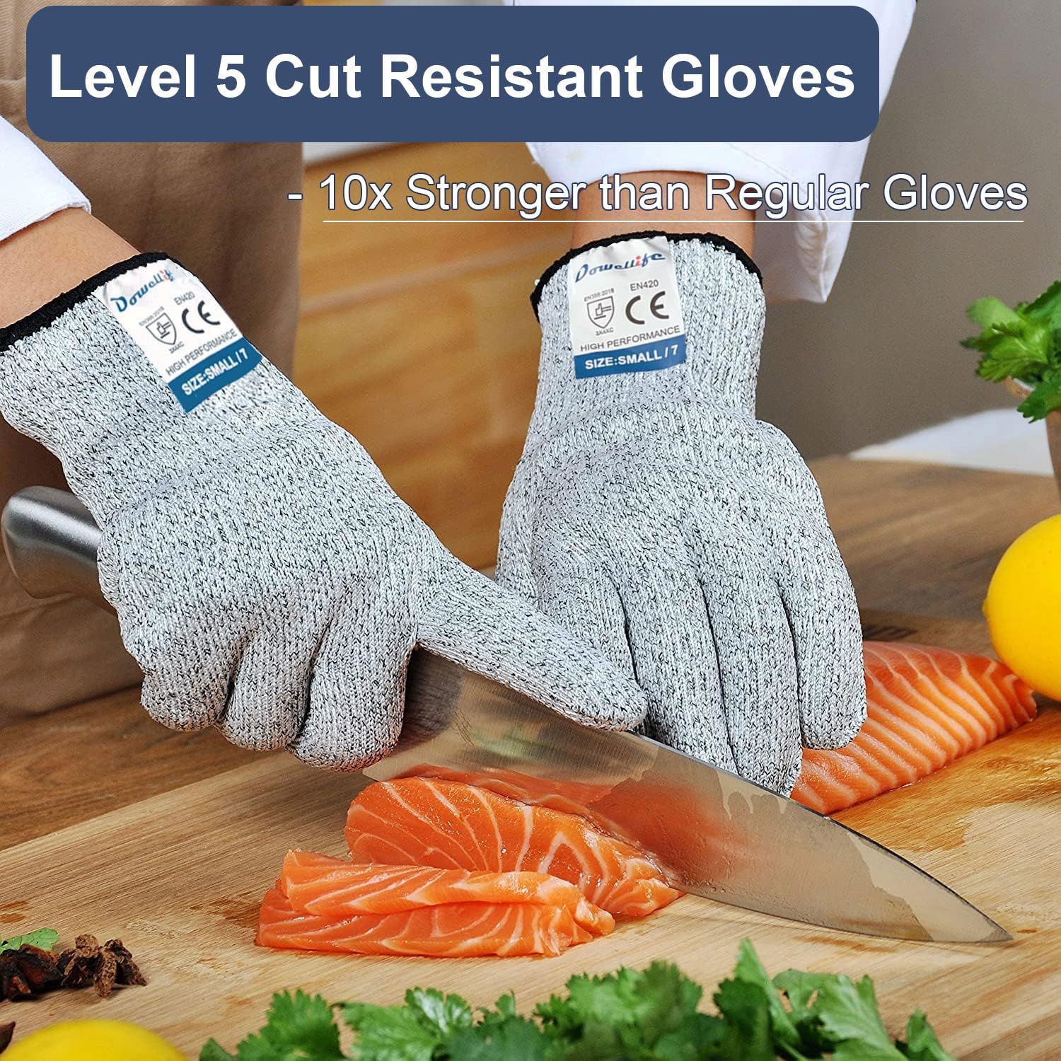Dowellife Cut Resistant Gloves Food Grade Level 5 Protection, Safety Kitchen Cuts Gloves for Oyster Shucking, Fish Fillet Processing, Mandolin Slicing, Meat Cutting and Wood Carving. (X-Large)
