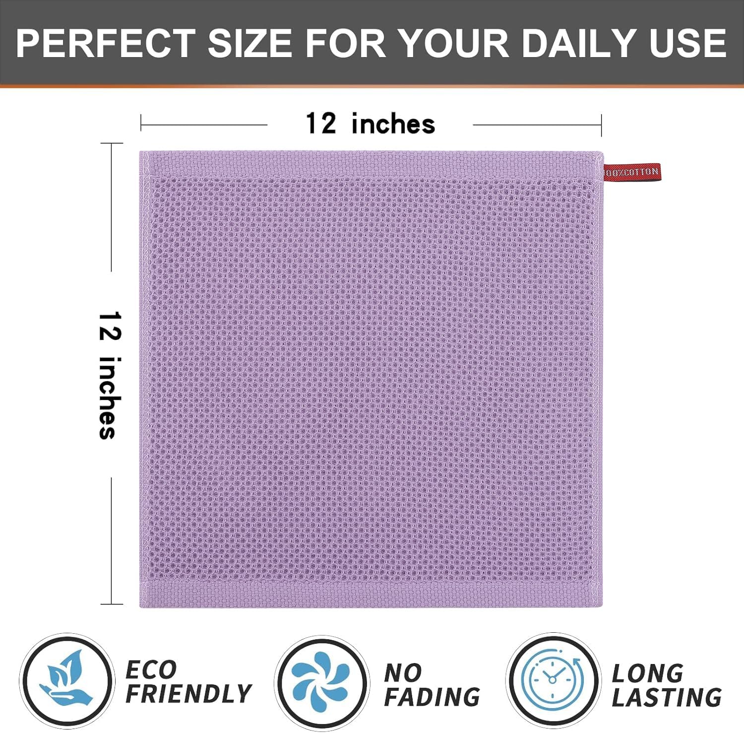 Kitinjoy 100% Cotton Kitchen Dish Cloths, 6 Pack Waffle Weave Ultra Soft Absorbent Dish Towels for Drying Dishes Quick Drying Kitchen Towels Dish Rags, 12 X 12 Inches, Lavender