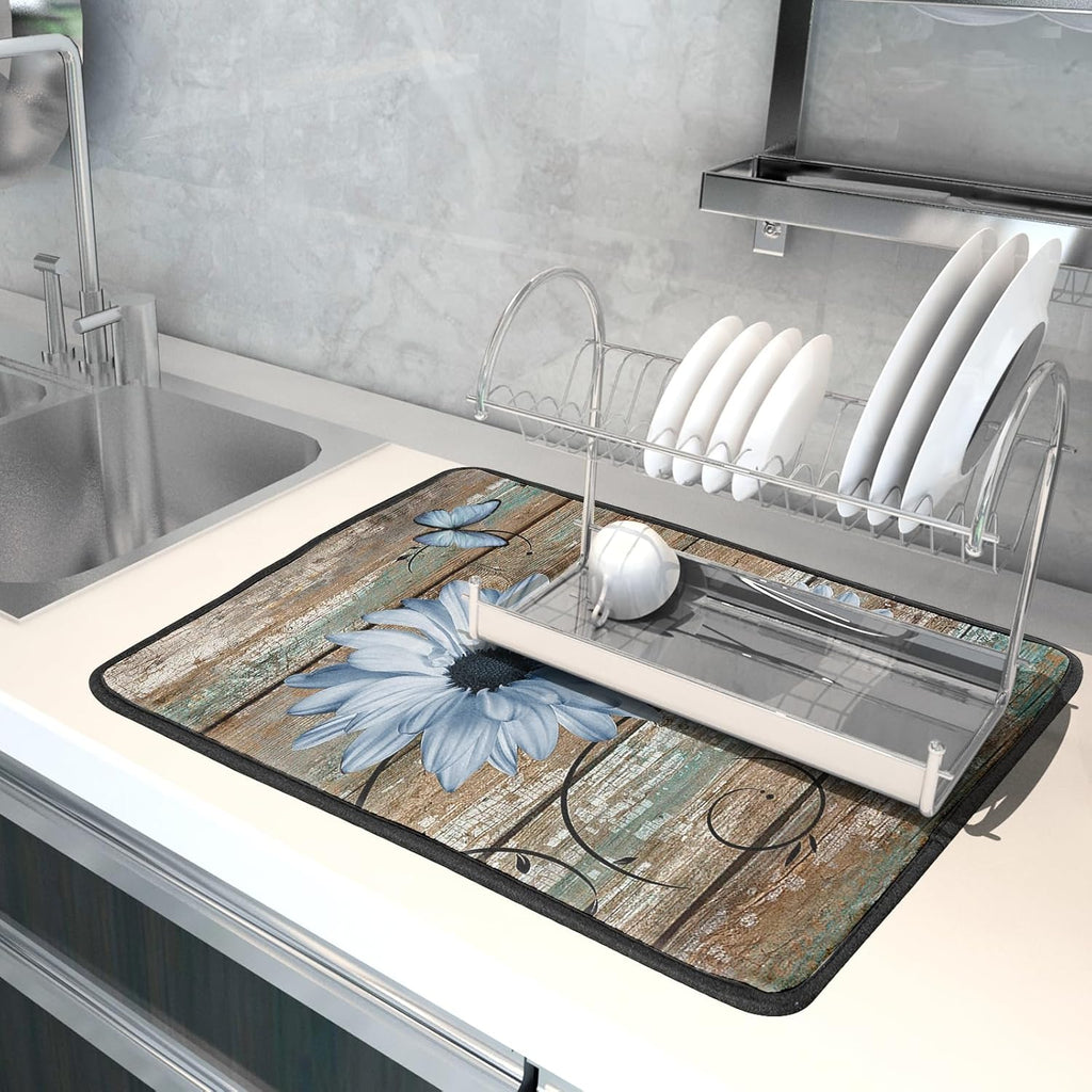 Rustic Daisy Dish Drying Mat for Kitchen Countertop 18x24 inch Blue Sunflowers on Wooden Board Dish Drainer Mats Fast Drying Country Vintage Style Shabby Chic Flower Dish Drying Pad Decor Large