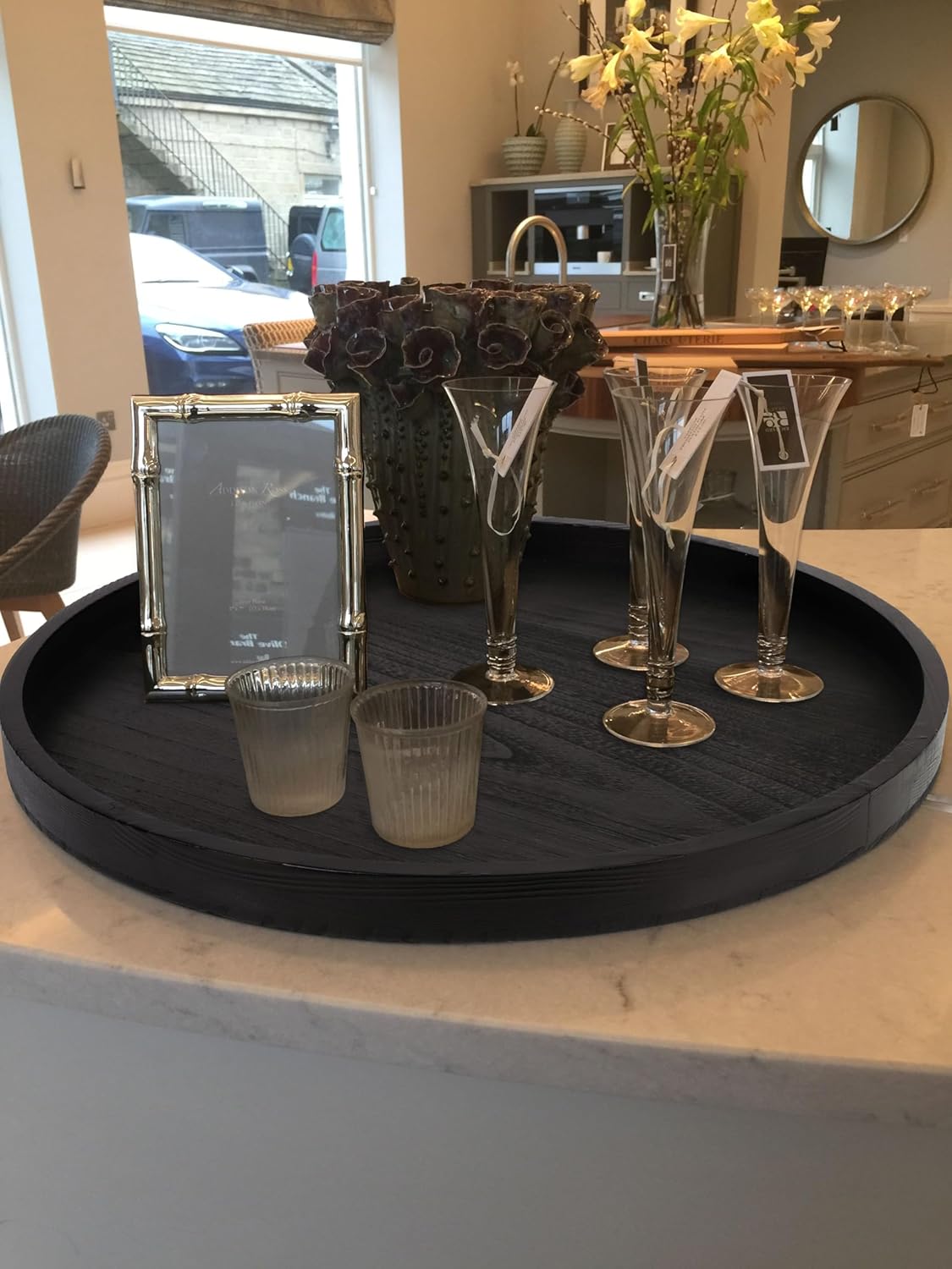 Round Ottoman Table Tray Round-24 - Rustic Wooden Serving Tray for Farmhouse Decorative Oversized Coffee Table Trays Living Room Kitchen Counter Breakfast Black