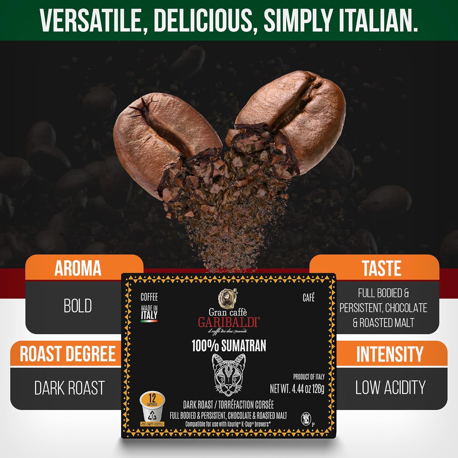 Caffè Garibaldi Sumatran Coffee Pods, Single-Serve Capsules for Keurig K-Cup Brewers with 100% Arabica Blend, Recyclable Pod and Single Serve Cups, 72 Count K-Pods - Dark Roast