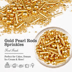 Gold Pearl Rods Sprinkles for Cake Decorating, Edible Sugar Pearls Rods Candy, 150g/5.29oz, Mix Size Cake Topper Donuts Cupcake Cookie Dessert Decorations, Holiday, Wedding Party, Easter Supplies