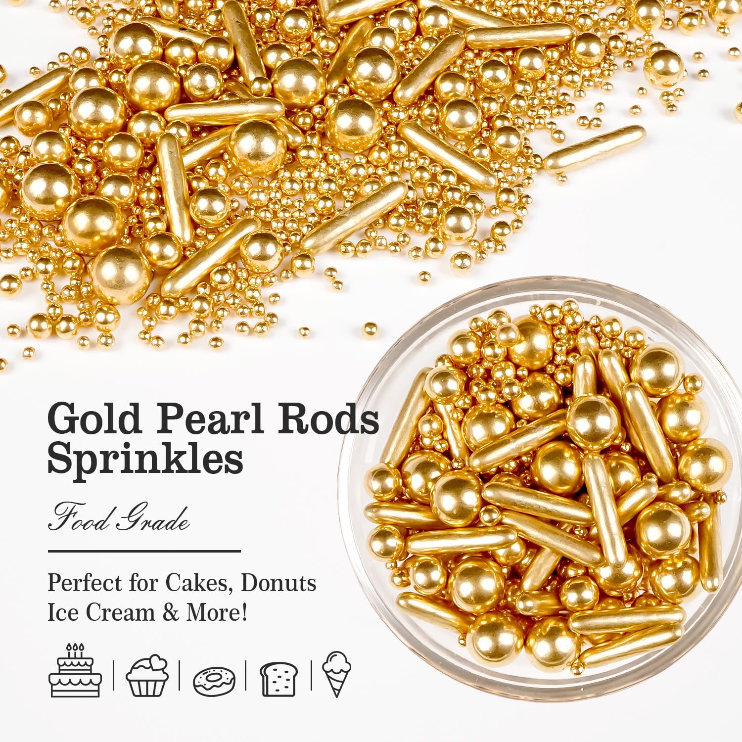 Gold Pearl Rods Sprinkles for Cake Decorating, Edible Sugar Pearls Rods Candy, 150g/5.29oz, Mix Size Cake Topper Donuts Cupcake Cookie Dessert Decorations, Holiday, Wedding Party, Easter Supplies