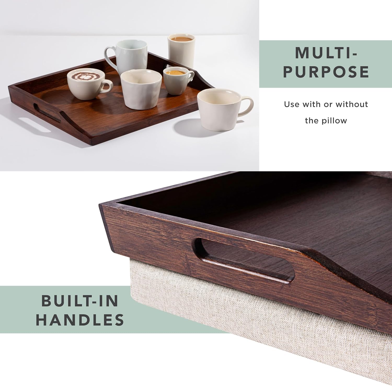 ROSSIE HOME Bamboo Wood Bed Tray, Lap Desk with Detachable Cushion, Serving Tray - Java - Fits up to 15.6 Inch Laptops - Style No. 76102