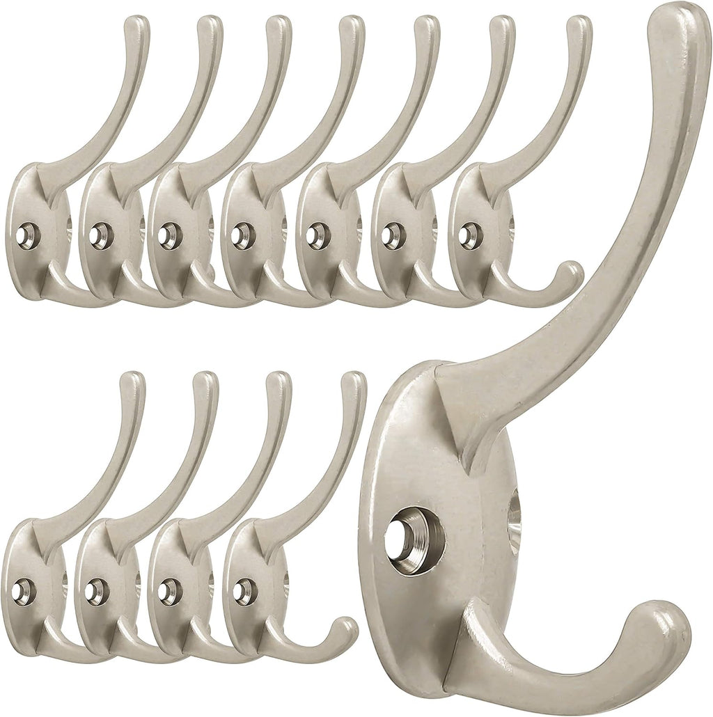 IBosins 12 Pack Silver Coat Hooks Wall Mounted with 24 Screws Retro Double Hooks Utility Silver Hooks for Coat, Scarf, Bag, Towel, Key, Cap, Cup, Hat