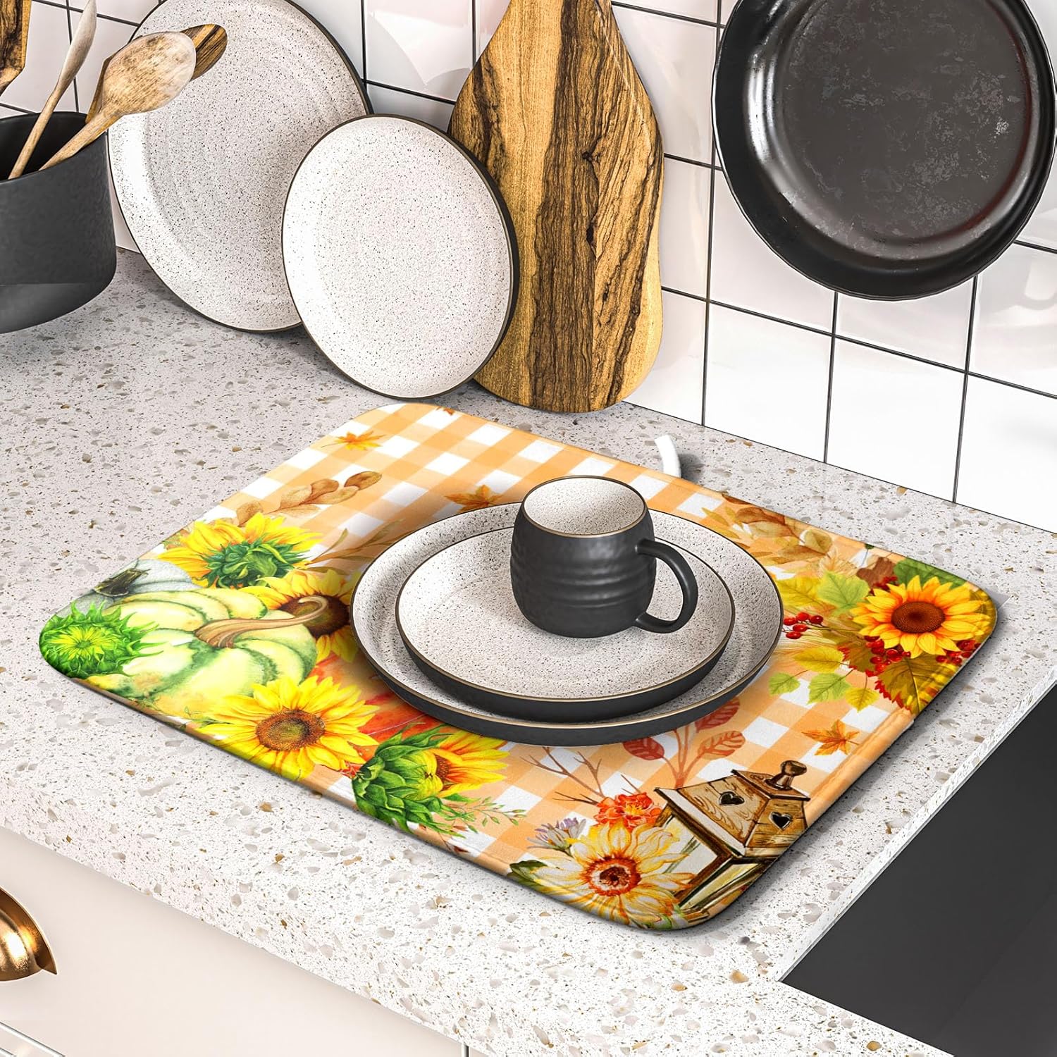 Autumn Maple Leaf Orange White Check Plaids Dish Drying Mat for Kitchen Counter,Fall Sunflower Pumpkin Drying Mat 16 x 18 Inch with Absorbent Reversible Microfiber Dish Drying Pad for Coffee Bar