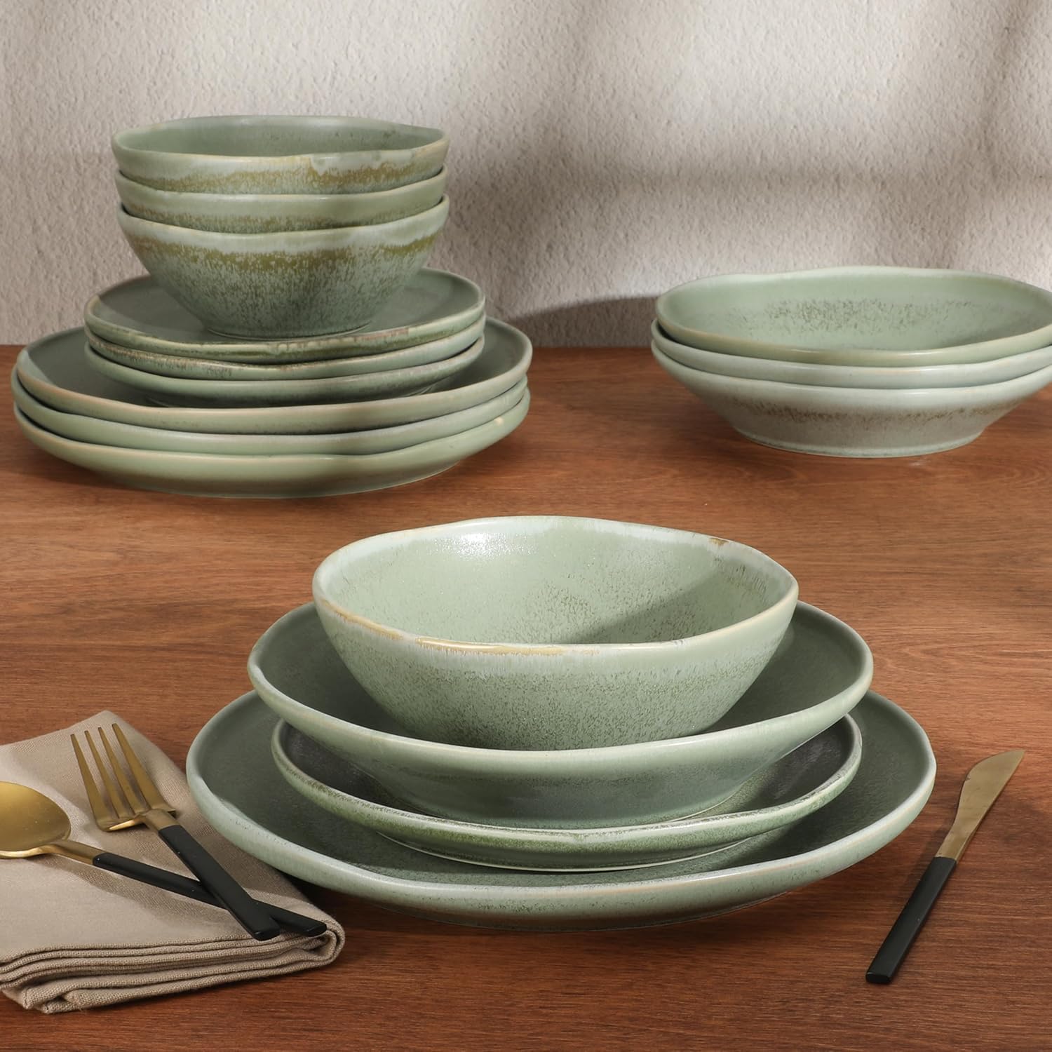 Gibson Elite Island Cove 16 Piece (Service for 4) Plates and Bowls Reactive Glaze Organic Round Dishes Stoneware Ceramic Dinnerware Set -Green