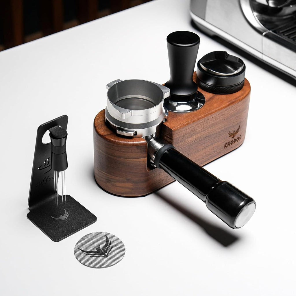 58mm Espresso Tamper Station Rosewood KNODOS Espresso Machine Accessories For Coffee Bar Wooden Coffee Tamping Box and Portafilter Holder