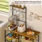 Bakers Rack with Power Outlet, Kitchen Microwave Stand with 10 S-shaped Hooks, 6-Tier Coffee Bar Station, Kitchen Storage Shelf Rack for Spices, Pots, Rustic Brown
