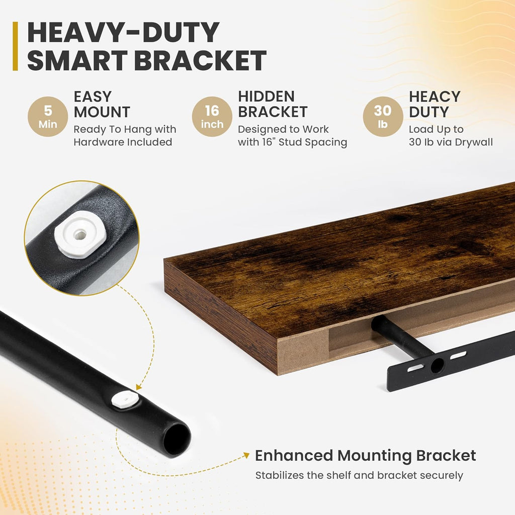 16 Inch Floating Shelves, 9.3" Deep Floating Shelf Wall Mounted, 16" Wall Shelves, Rustic Deep Bookshelf, Large Display Shelves & Storage Shelves for Bedroom, Living Room, Brown, Set of 2