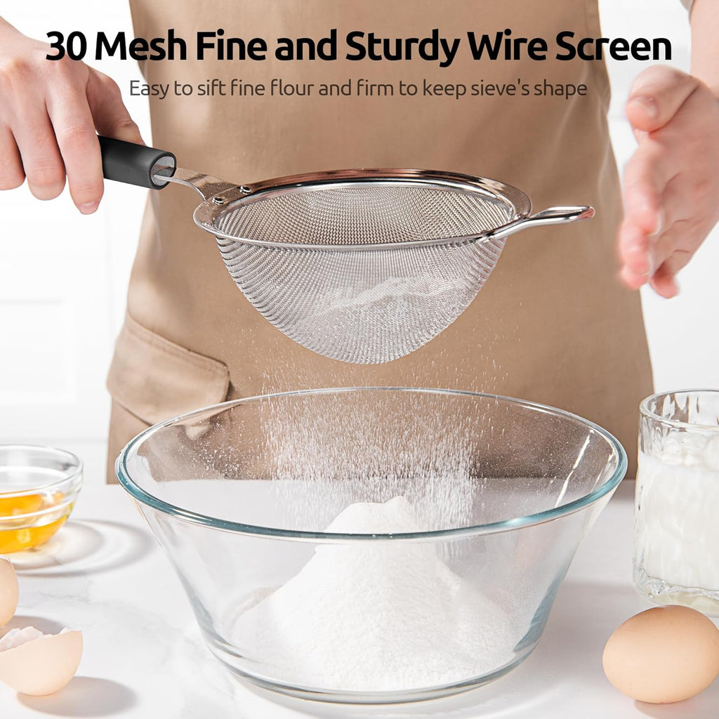 U-Taste Medium Fine Mesh Strainer: 18/8 Stainless Steel 4.73in 30 Mesh Kitchen Food Sieve with Sturdy Riveted Silicone Handle, Heavy Duty Deep Handheld Metal Colander for Rice, Quinoa, Flour (Black)