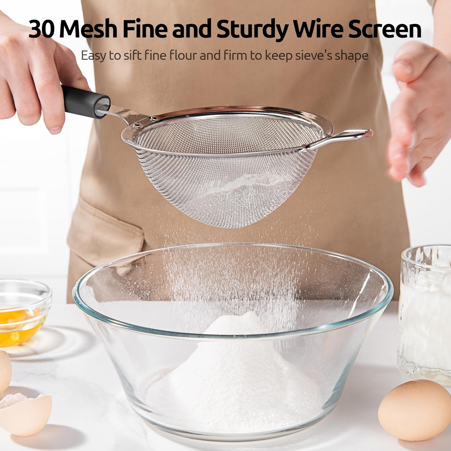 U-Taste Medium Fine Mesh Strainer: 18/8 Stainless Steel 4.73in 30 Mesh Kitchen Food Sieve with Sturdy Riveted Silicone Handle, Heavy Duty Deep Handheld Metal Colander for Rice, Quinoa, Flour (Black)