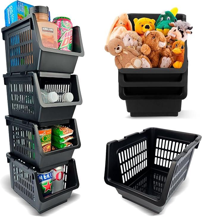 Skywin TidyFriend Small Stackable Storage Bins for Toy Organizer and Storage 4 Pack, Toy Storage Organizer for Kids Room and Home Organization (Black)
