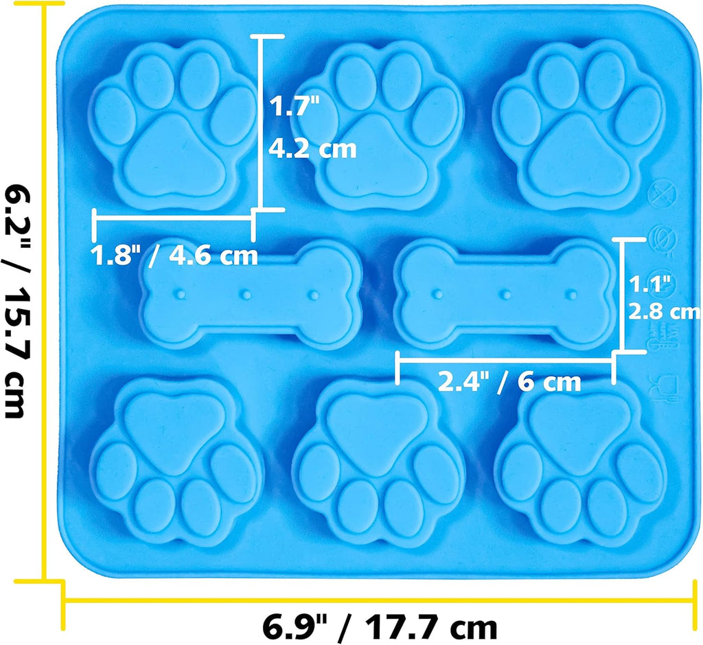 Anaeat 2 Pack Silicone Molds with Puppy Dog Paw and Bone Shaped 2 in 1, Reusable Non-Stick Ice Cube Trays & Flexible Candy Chocolate Molds for Homemade Dog Treats, Pudding & Baking Biscuit (Blue)