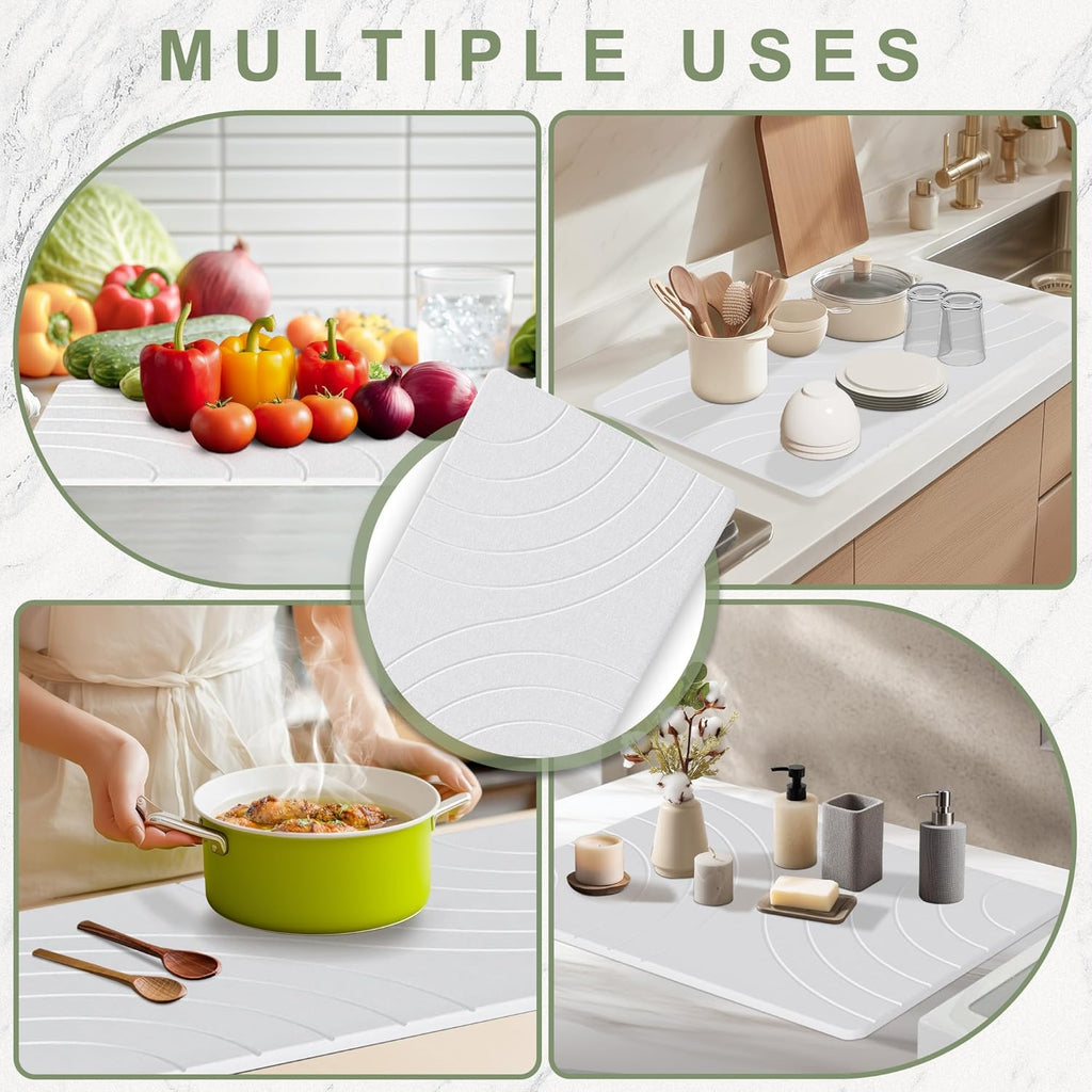 Large Stone Drying Mat for Kitchen Counter, 24" × 16" Diatomite Dish Drying Mat, Quick Dry Stone Mats, Ultra Absorbent Natural Diatomaceous Earth Mats for Dished, Bottles, White