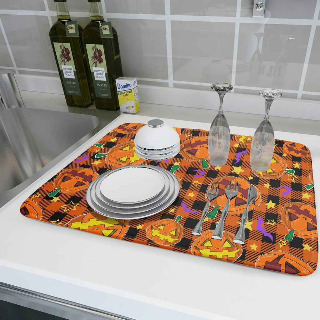 Giwawa Halloween Dish Drying Mat, 18"x24" Spooky Pumpkins Bats Orange Black Buffalo Plaids Dish Drainer Mats, Large Absorbent Fast Drying Dish Drying Pad for Kitchen Countertop Holiday Decor