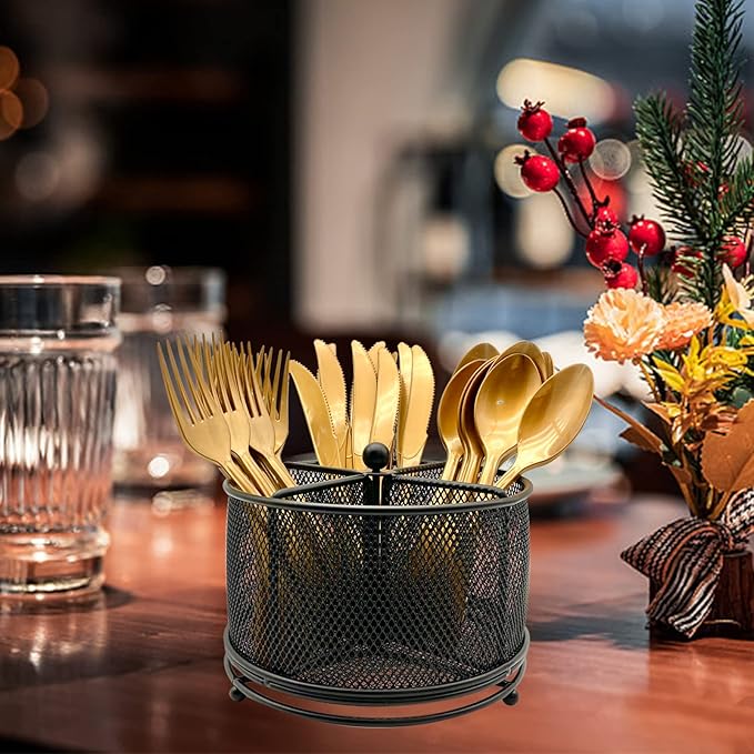 360° Rotating Metal Utensil Caddy - 4 Compartment Silverware Cutlery Holder Rotation Fork Spoon Napkin Organizer Flatware Storage Basket Party Countertop Buffet Picnic Camping Outdoor Black