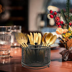 360° Rotating Metal Utensil Caddy - 4 Compartment Silverware Cutlery Holder Rotation Fork Spoon Napkin Organizer Flatware Storage Basket Party Countertop Buffet Picnic Camping Outdoor Black