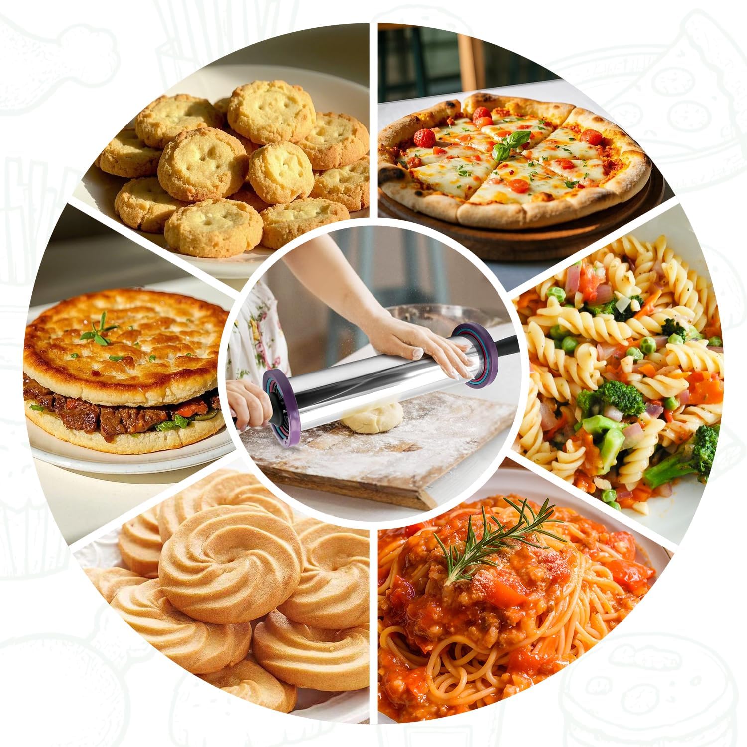 Rolling Pins,Rolling Pin and Silicone Baking Pastry Mat Set,Rolling Pins,Adjustable Stainless Steel Rolling Pin with Thickness Rings for Baking Dough,Pizza,Pie,Pasta(Red Mat)