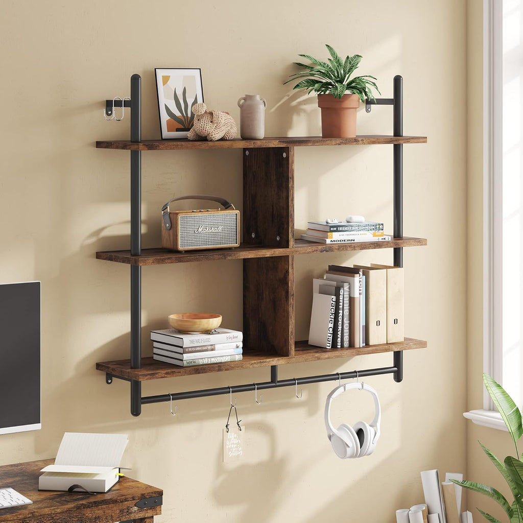 Bestier Floating Pipe Shelving Kitchen Shelves Wall Mounted 3 Tier 41.5" Ladder Coffee Bar Shelf Hanging with Circular Tube, Display Bookshelf Storage for Living Room Kitchen, Rustic Brown