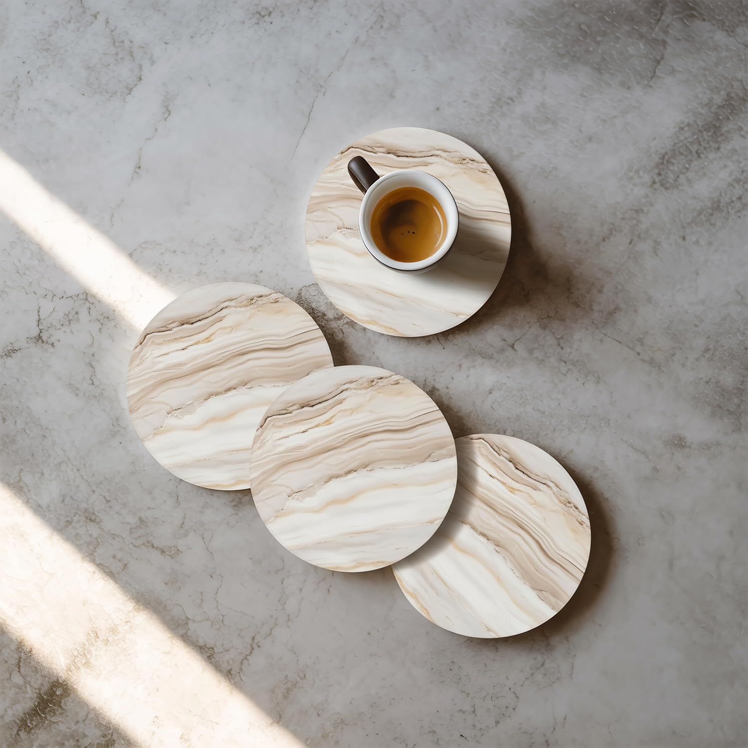VEYRO Coasters Set of 4 for Drinks – Absorbent Ceramic Stone Drink Coasters with Cork Backing for Coffee Table & Desk, Modern Marble Look Cup Coaster Set, Housewarming Gift for New Home