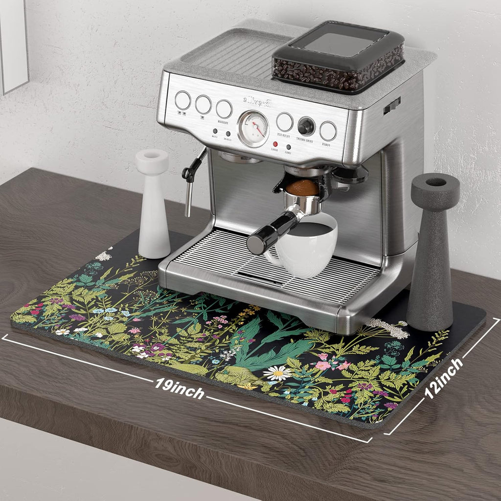 Rnivvi Coffee Mat, 12" x 19" Cute Flower Theme Coffee Bar Mats for Espresso Machine Station Accessories and Organizer, Hide Stain Rubber Backed Absorbent Dish Drying Pad for Kitchen Counter, Black