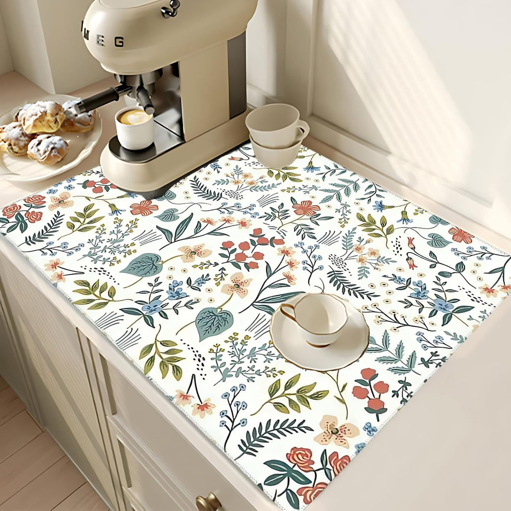 2Pcs Dish Drying Mats Faucet Mats Sets Large Size Coffee Mats Sink Faucet Mat Splash Guard for Kitchen Counter Bathroom Sink Coffee Bar Kitchen Decor (Wildflowers 1, 18"x24" 15" x 5.5"Set)