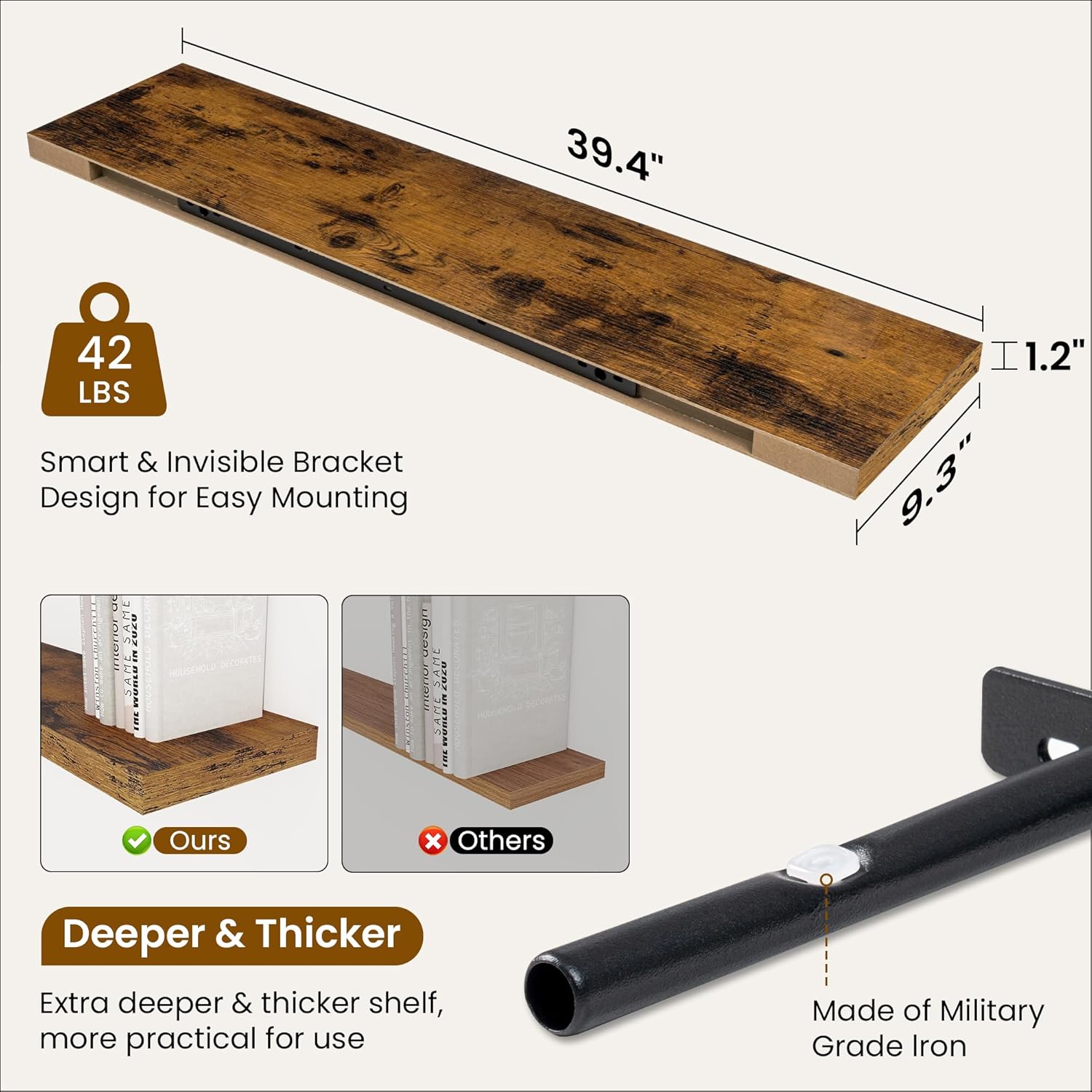 Fun Memories 40" Rustic Wood Floating Shelves with Invisible Brackets for Storage & Decor, Deep Wall Mounted Shelves for Bathroom, Kitchen, Living Room (Brown,Set of 2)