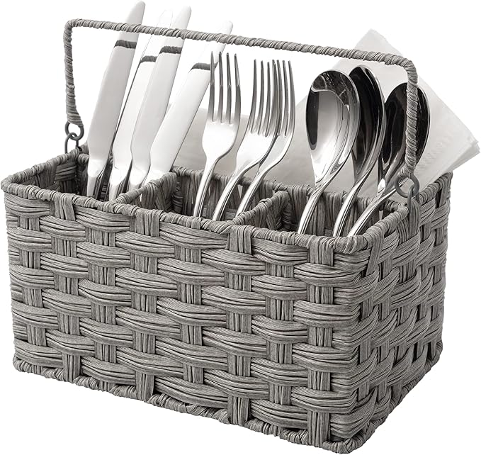 GRANNY SAYS Wicker Utensil Caddy - Picnic Basket with Handle, Organizer for Kitchen Table or Cabinet, Silverware Holder for Parties