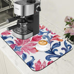 Blue and Pink Damask Coffee Mat Absorbent Dish Drying Mat for Kitchen Counter Hide Stain Coffee Bar Accessories with Rubber Backed Fit Under Espresso Machine, 11.8 x 19.7 Inch