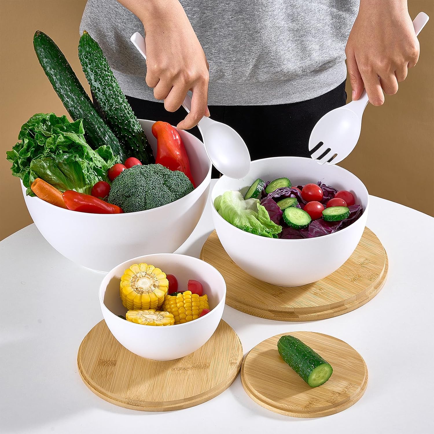 Large Salad Bowls with Bamboo Lids Set of 3, Mixing Nesting Bowls Round Serving Bowls with Servers for Salads, Kitchen Eating, Pastas, Popcorn, Chips, Trifle, Fruit, Food Prepare (White,10",8",6" )