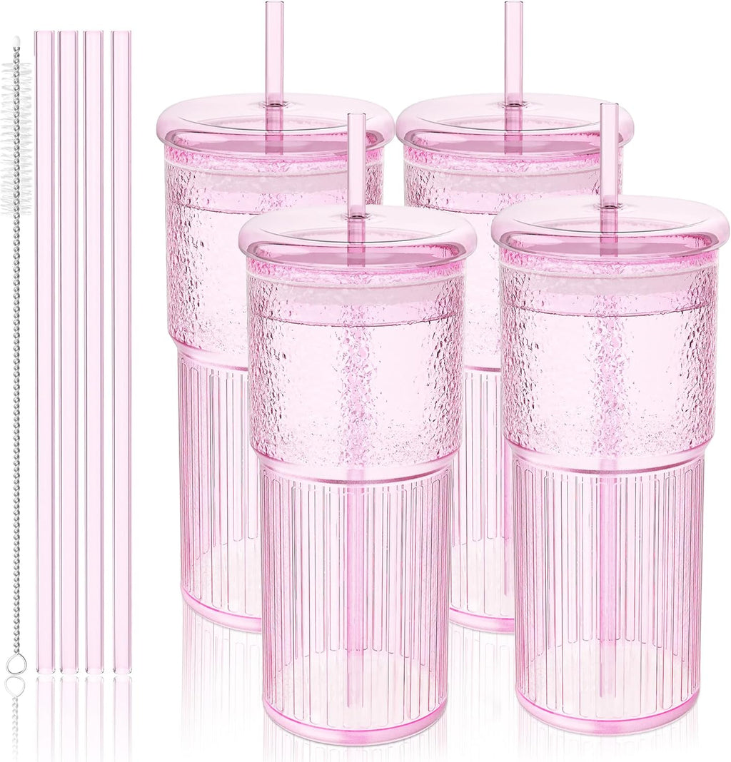 20oz Glass Cups with Lids and Straws - Set of 4 Reusable Tumblers, Thickened Shatter-Resistant Glass, Ideal for Iced Coffee, Smoothies, Cocktails, Juices - Elegant & Durable Drinkware (Pink)