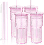 20oz Glass Cups with Lids and Straws - Set of 4 Reusable Tumblers, Thickened Shatter-Resistant Glass, Ideal for Iced Coffee, Smoothies, Cocktails, Juices - Elegant & Durable Drinkware (Pink)