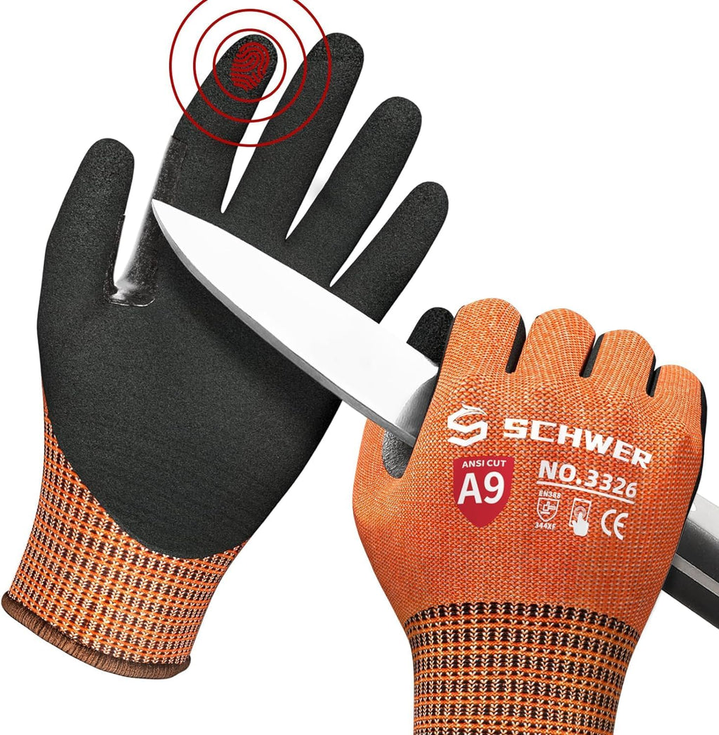 Schwer ProGuard Highest Level Cut Resistant Work Gloves PR3326 for Extreme Protection，ANSI A9 Cut Gloves with Reinforced Thumb, Non Slip, Breathable, Durable, Touch-screen, Non PFAS, Orange 1 Pair（L）